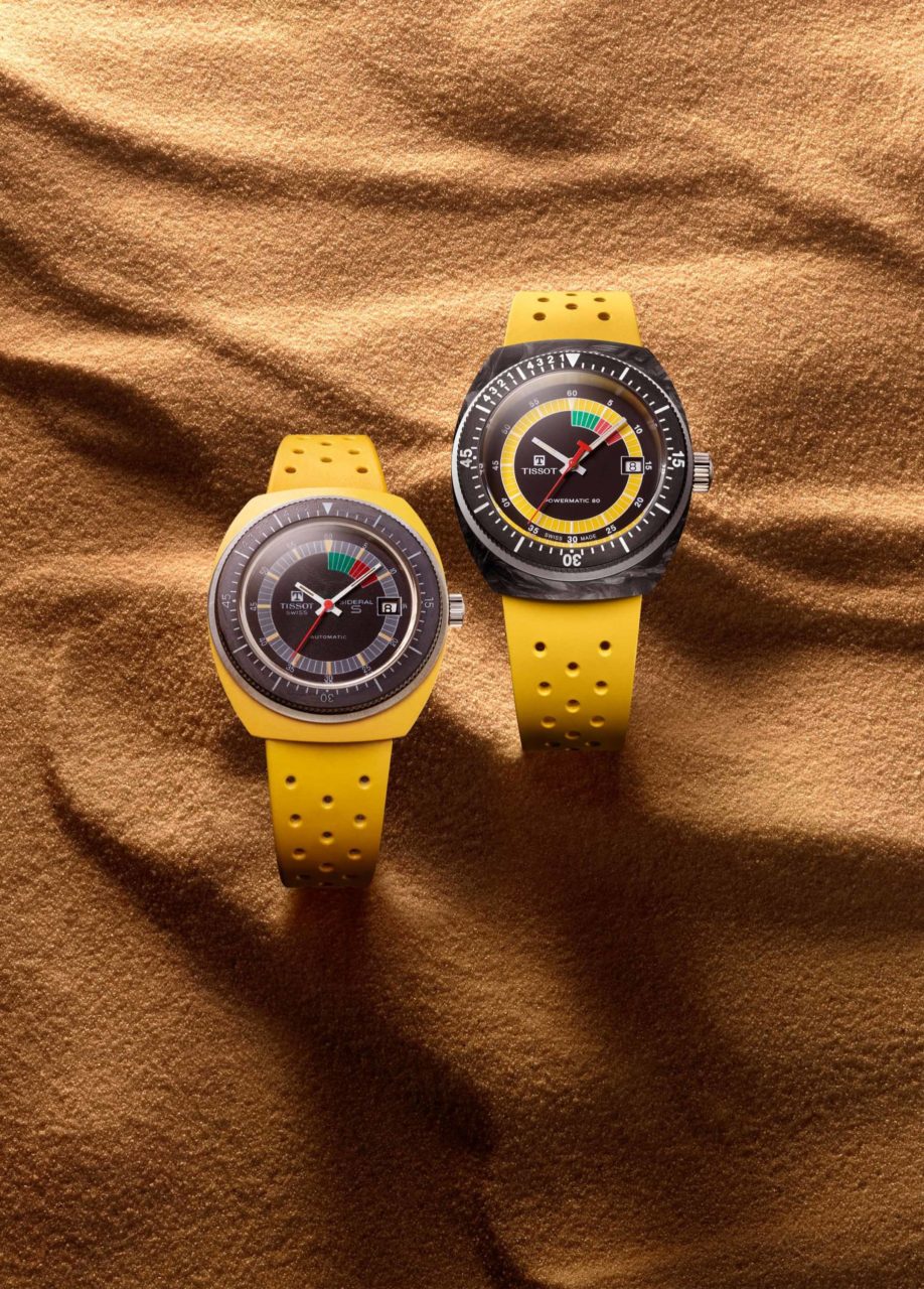 ▲瑞士TISSOT Sideral腕錶錶面採用多樣色彩發光時標和綠紅帆船賽倒計時儀錶設計，突顯了70年代復古美學。