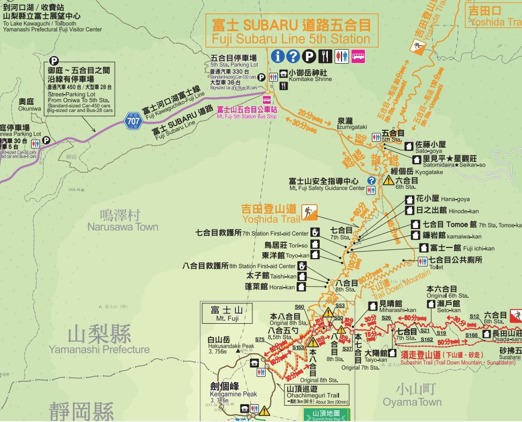 吉田路線從海拔高度2,300米的富士 Subaru 路線五合目開始。